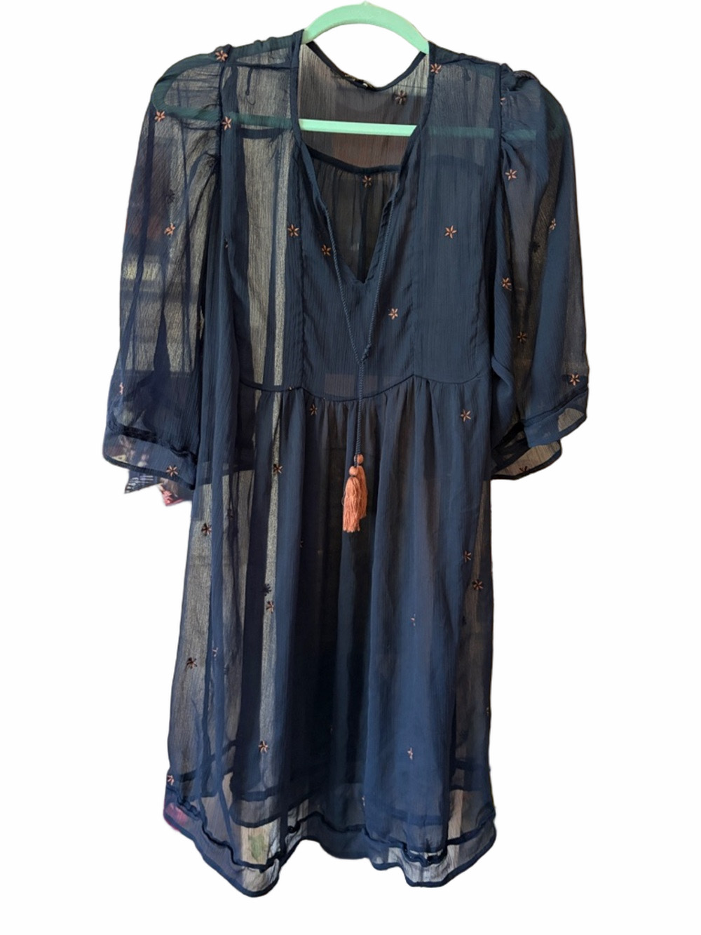 Lucky Brand Navy Sheer Embroidered baby doll Dress with Tassel XL